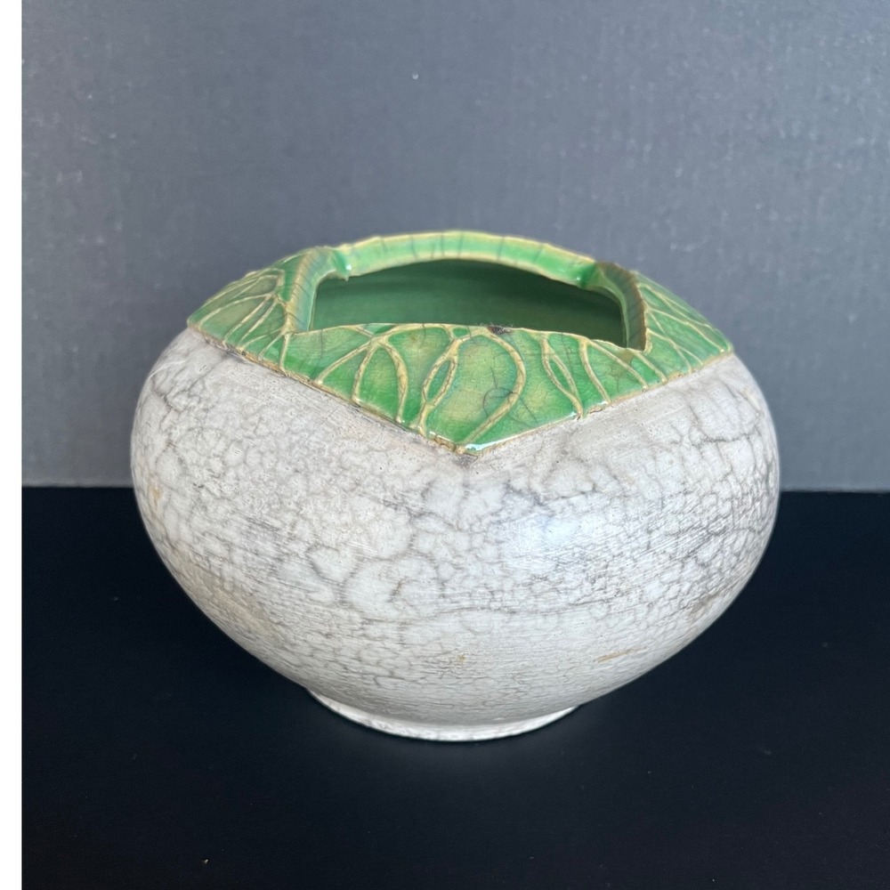 Handcrafted Pottery Vase, Green Leaf‎ Decor Textured crackle Off White  signed